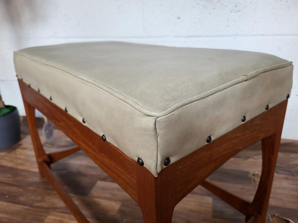 Vintage Mid-Century Teak & Cream Vinyl Wide Stool Bench Pouffe Danish Retro MCM