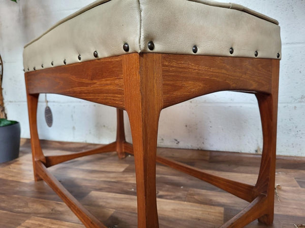 Vintage Mid-Century Teak & Cream Vinyl Wide Stool Bench Pouffe Danish Retro MCM