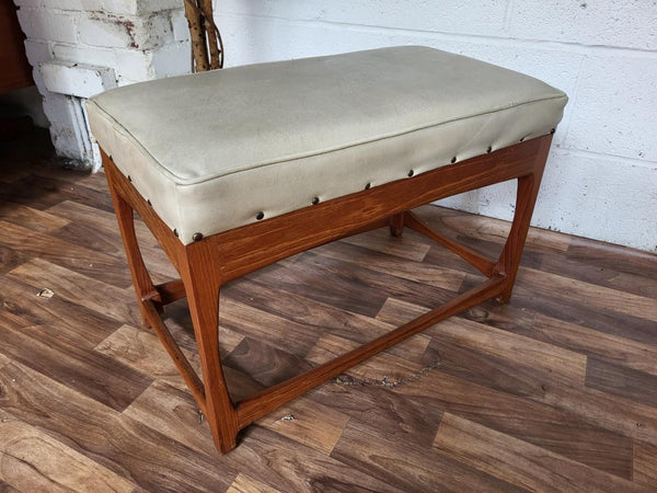 Vintage Mid-Century Teak & Cream Vinyl Wide Stool Bench Pouffe Danish Retro MCM