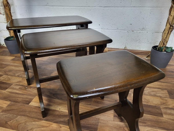 Vintage Ercol Chantry Nest Of 3 Tables Solid Elm Wood Dark Stain 498 Free Post!