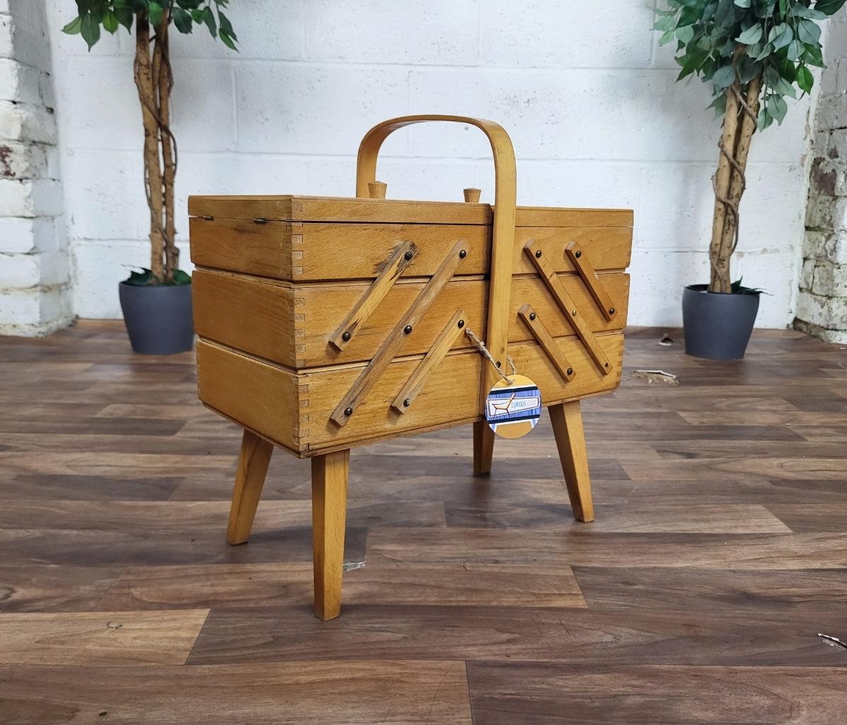 Vintage 60's Wooden Cantilever Fold Out Sewing Craft Box Mid Century
