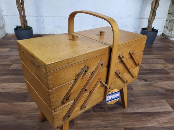 Vintage 60's Wooden Cantilever Fold Out Sewing Craft Box Mid Century