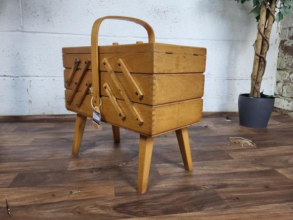 Vintage 60's Wooden Cantilever Fold Out Sewing Craft Box Mid Century