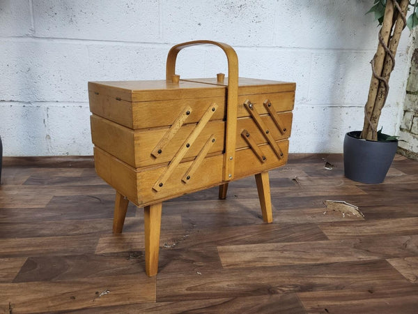 Vintage 60's Wooden Cantilever Fold Out Sewing Craft Box Mid Century