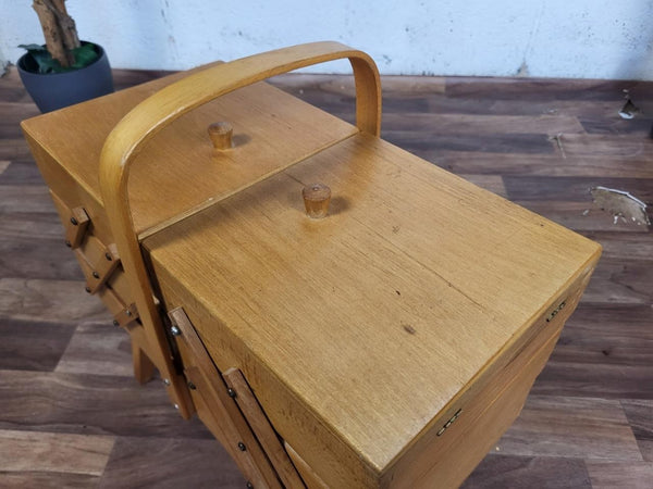 Vintage 60's Wooden Cantilever Fold Out Sewing Craft Box Mid Century