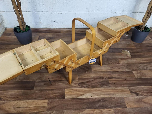 Vintage 60's Wooden Cantilever Fold Out Sewing Craft Box Mid Century