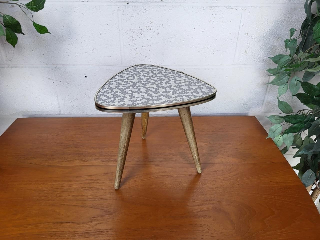Vintage Mid-Century Small Grey Mosaic Side Table Plant Stand Atomic 60's Retro