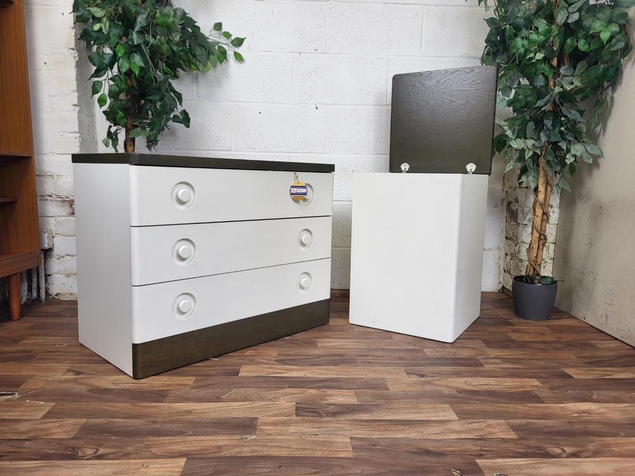 Vintage Mid-Century Stag Nocturne Oak & White 3 Drawer Chest And Ottoman Retro 80's
