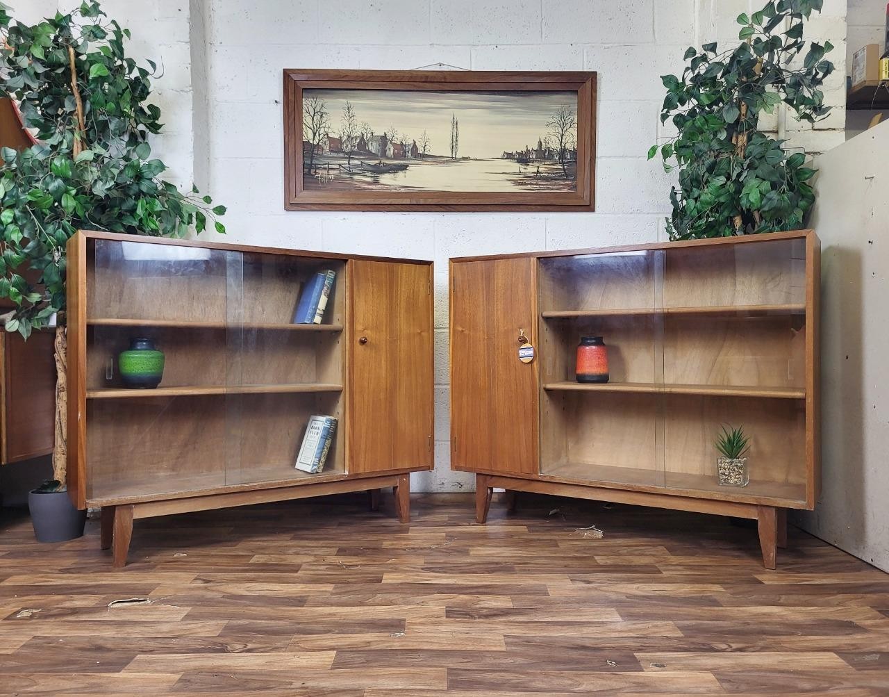 Pair Of Vintage Mid-Century Walnut & Glass Bookcases Sideboard Retro Scandi MCM