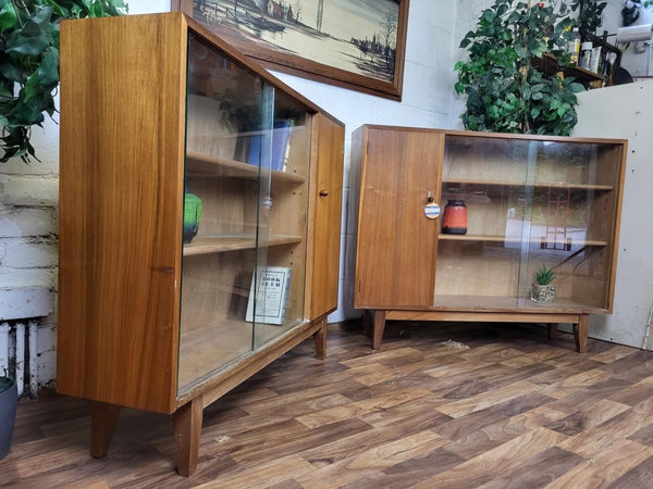 Pair Of Vintage Mid-Century Walnut & Glass Bookcases Sideboard Retro Scandi MCM