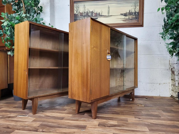 Pair Of Vintage Mid-Century Walnut & Glass Bookcases Sideboard Retro Scandi MCM
