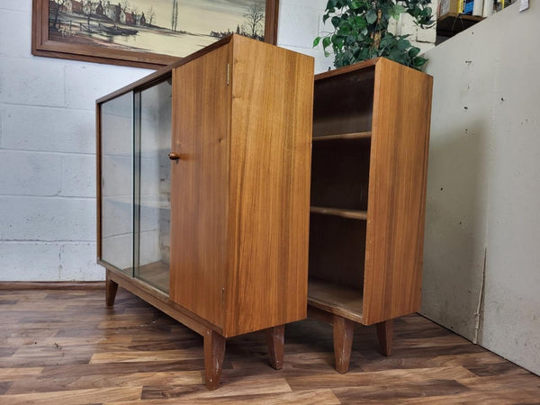 Pair Of Vintage Mid-Century Walnut & Glass Bookcases Sideboard Retro Scandi MCM