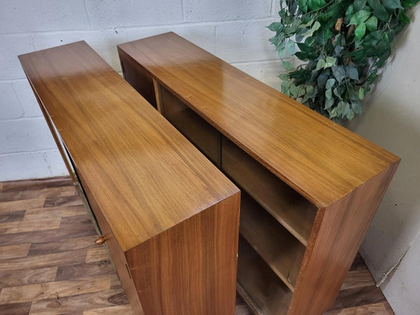 Pair Of Vintage Mid-Century Walnut & Glass Bookcases Sideboard Retro Scandi MCM