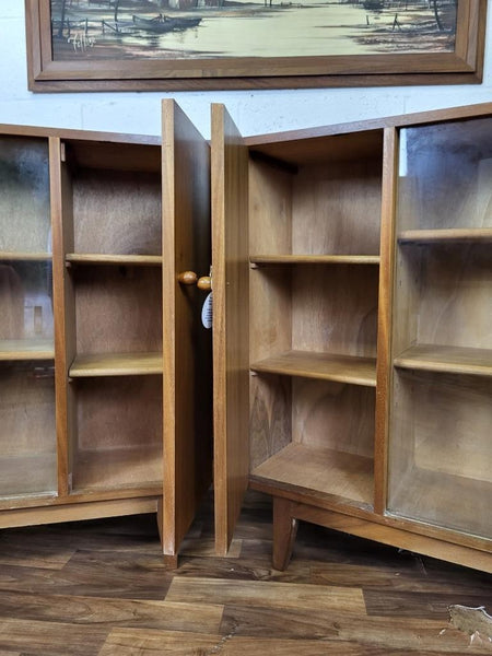 Pair Of Vintage Mid-Century Walnut & Glass Bookcases Sideboard Retro Scandi MCM