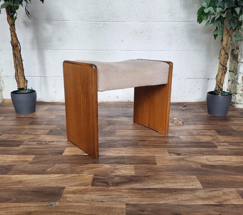 Vintage Mid-Century Stag Teak & Beige Velour Dressing Table Stool Retro MCM