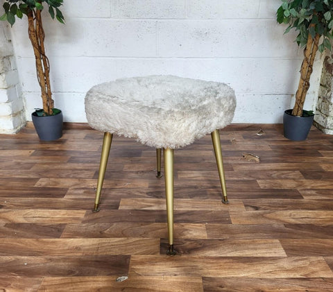 Vintage Mid-Century White Fluffy Dressing Table Stool Pouffe Retro 60's Atomic