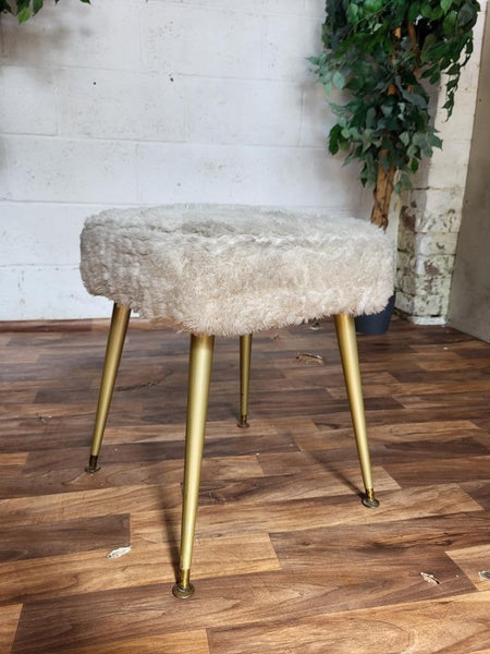 Vintage Mid-Century White Fluffy Dressing Table Stool Pouffe Retro 60's Atomic