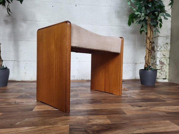 Vintage Mid-Century Stag Teak & Beige Velour Dressing Table Stool Retro MCM