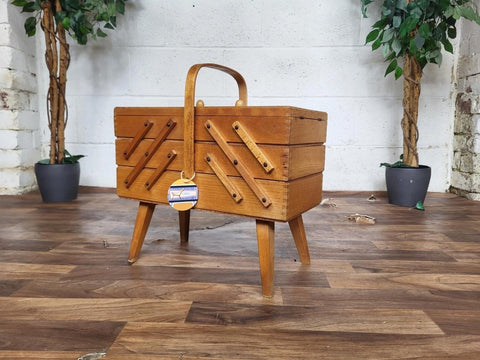 Vintage 60's Wooden Cantilever Fold Out Sewing Craft Box Mid Century
