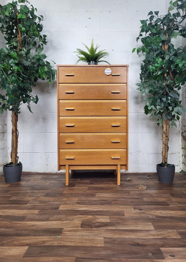 Vintage Mid-Century Teak Tallboy Chest Of 6 Drawers 60's Danish Scandi Retro MCM