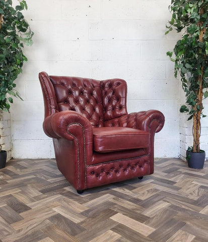 Vintage Dark Red Leather Chesterfield Chair Wingback