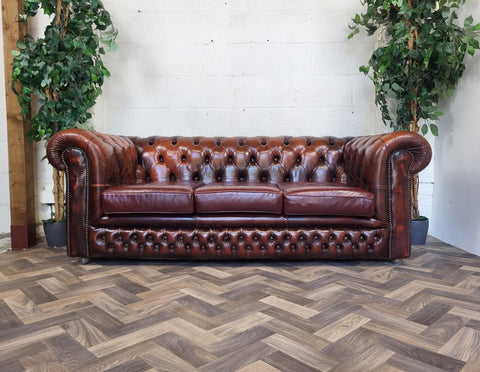Vintage Oxblood Dark Red Leather Chesterfield Club Sofa 3 Seater