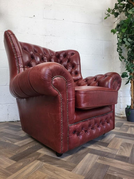Vintage Dark Red Leather Chesterfield Chair Wingback