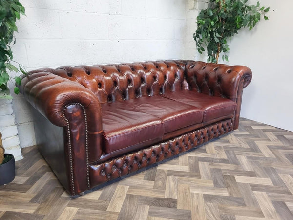 Vintage Oxblood Dark Red Leather Chesterfield Club Sofa 3 Seater
