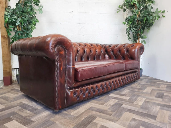 Vintage Oxblood Dark Red Leather Chesterfield Club Sofa 3 Seater