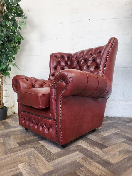 Vintage Dark Red Leather Chesterfield Chair Wingback