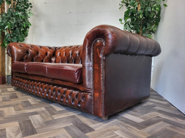 Vintage Oxblood Dark Red Leather Chesterfield Club Sofa 3 Seater