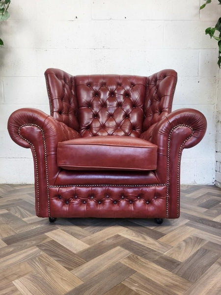 Vintage Dark Red Leather Chesterfield Chair Wingback