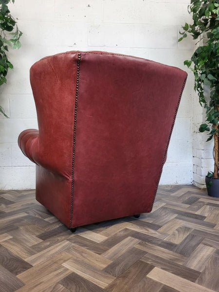 Vintage Dark Red Leather Chesterfield Chair Wingback