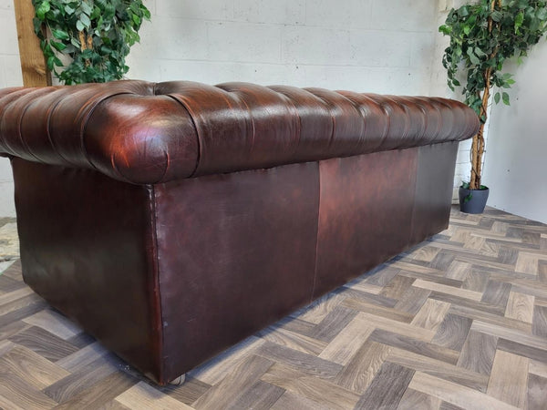 Vintage Oxblood Dark Red Leather Chesterfield Club Sofa 3 Seater