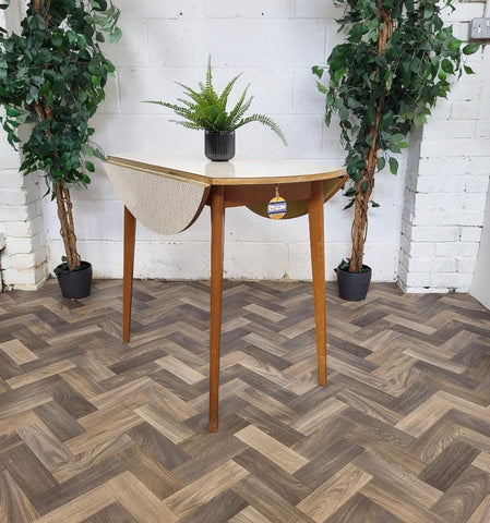 Vintage Mid-Century Round Brown Formica Dropleaf Dining Table Retro Scandi MCM