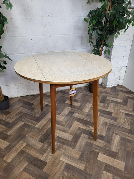 Vintage Mid-Century Round Brown Formica Dropleaf Dining Table Retro Scandi MCM