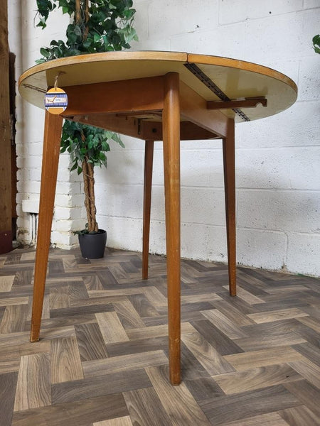 Vintage Mid-Century Round Brown Formica Dropleaf Dining Table Retro Scandi MCM