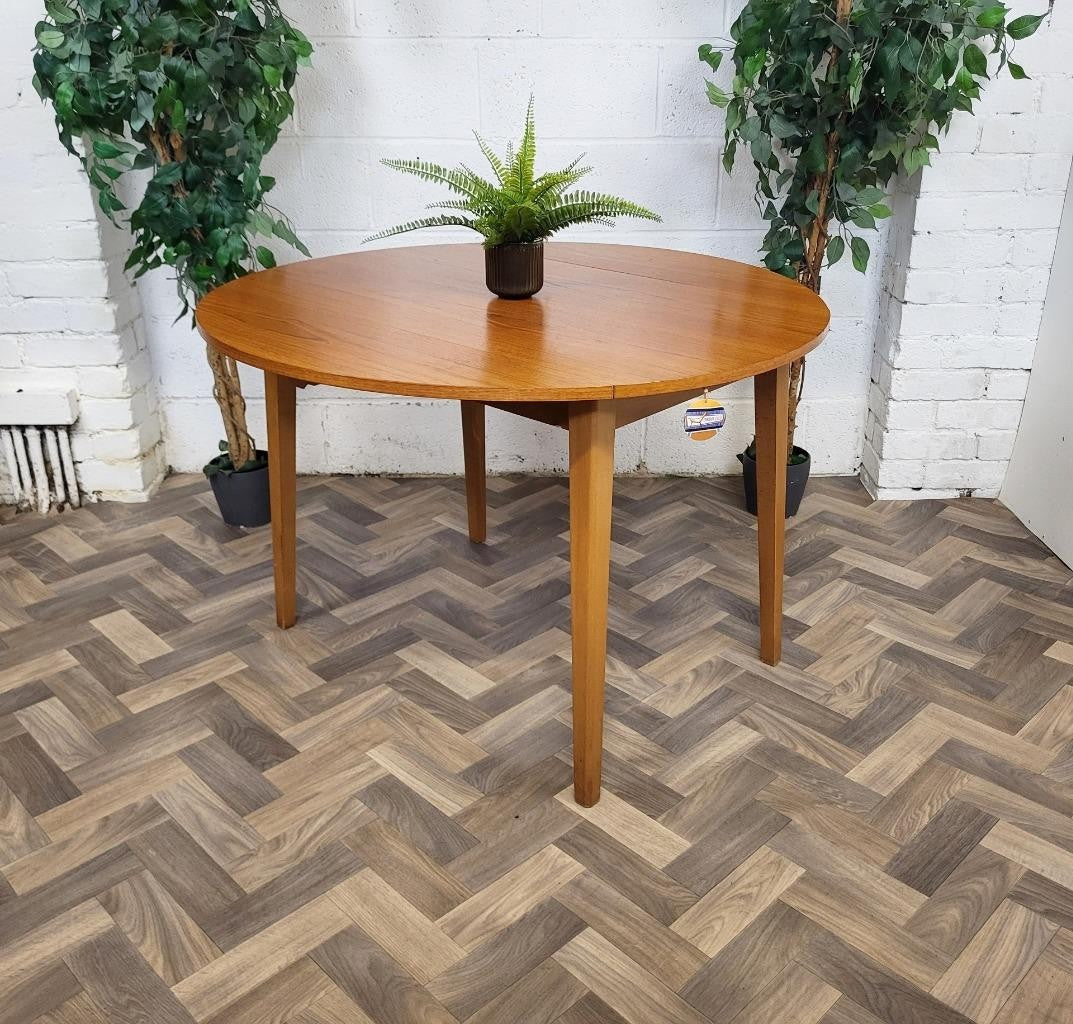 Vintage Mid-Century Round Teak Dropleaf Dining Table Retro Danish Scandi MCM
