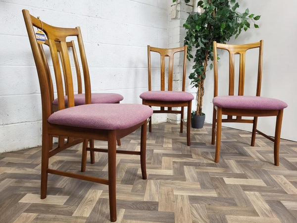 Set Of 4 Vintage Mid-Century Teak & Purple Tweed Dining Chairs Danish Scandi MCM