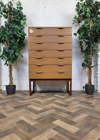 Vintage Mid-Century Europa Teak Tallboy Chest Of 7 Drawers Scandi Retro MCM