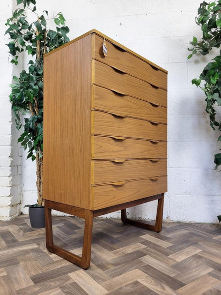 Vintage Mid-Century Europa Teak Tallboy Chest Of 7 Drawers Scandi Retro MCM