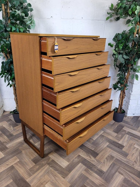 Vintage Mid-Century Europa Teak Tallboy Chest Of 7 Drawers Scandi Retro MCM