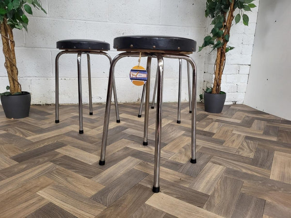 Set Of 3 Vintage Mid-Century Chrome & Black Vinyl Round Stools Retro MCM