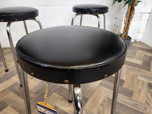 Set Of 3 Vintage Mid-Century Chrome & Black Vinyl Round Stools Retro MCM