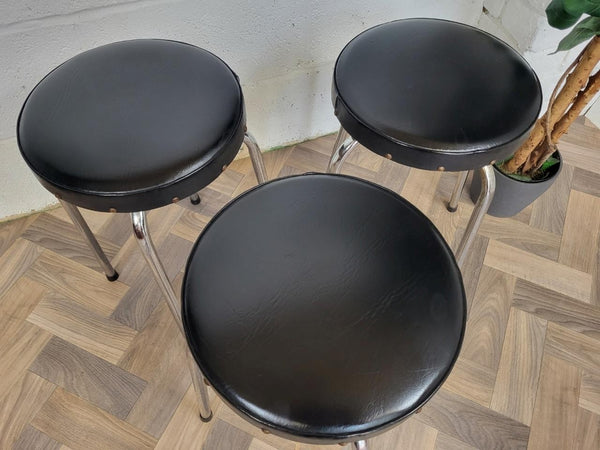 Set Of 3 Vintage Mid-Century Chrome & Black Vinyl Round Stools Retro MCM