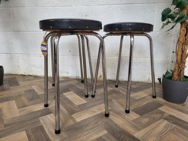 Set Of 3 Vintage Mid-Century Chrome & Black Vinyl Round Stools Retro MCM