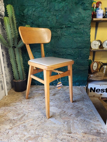 Single Vintage Mid-Century Beech & Cream Vinyl Dining Desk Chair Retro Scandi