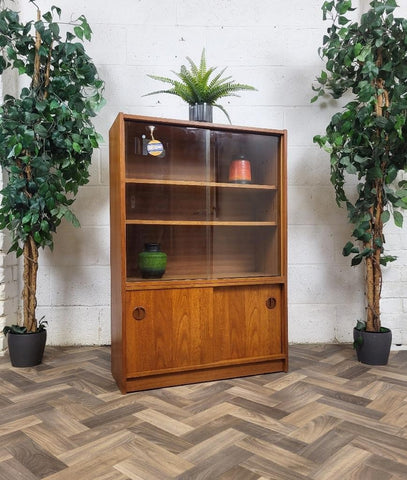 Vintage Mid-Century Teak & Glass Slim Bookcase Cabinet Retro Danish Scandi MCM