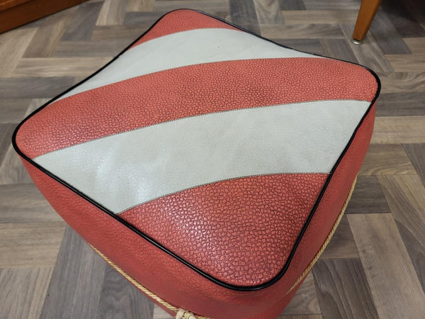 Vintage Mid-Century Red & Grey Stripe Vinyl Pouffe Footstool Retro 60's MCM