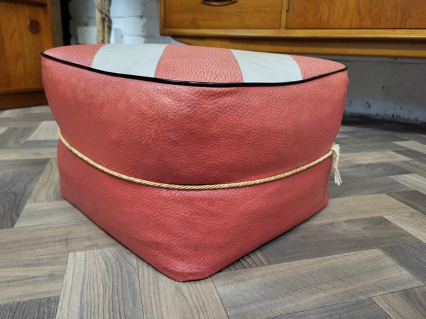 Vintage Mid-Century Red & Grey Stripe Vinyl Pouffe Footstool Retro 60's MCM